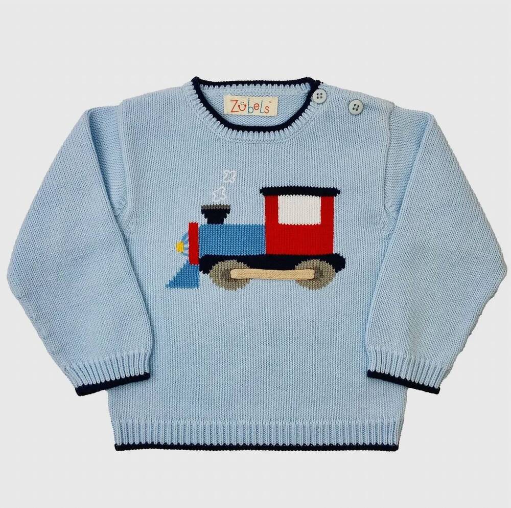 NEW PETIT AMI ZUBELS kid's train knit sweater in blue